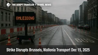 Brussels Wallonia transport strike disrupts central Brussels tram and road access near Place du Luxembourg on Dec 15, 2025