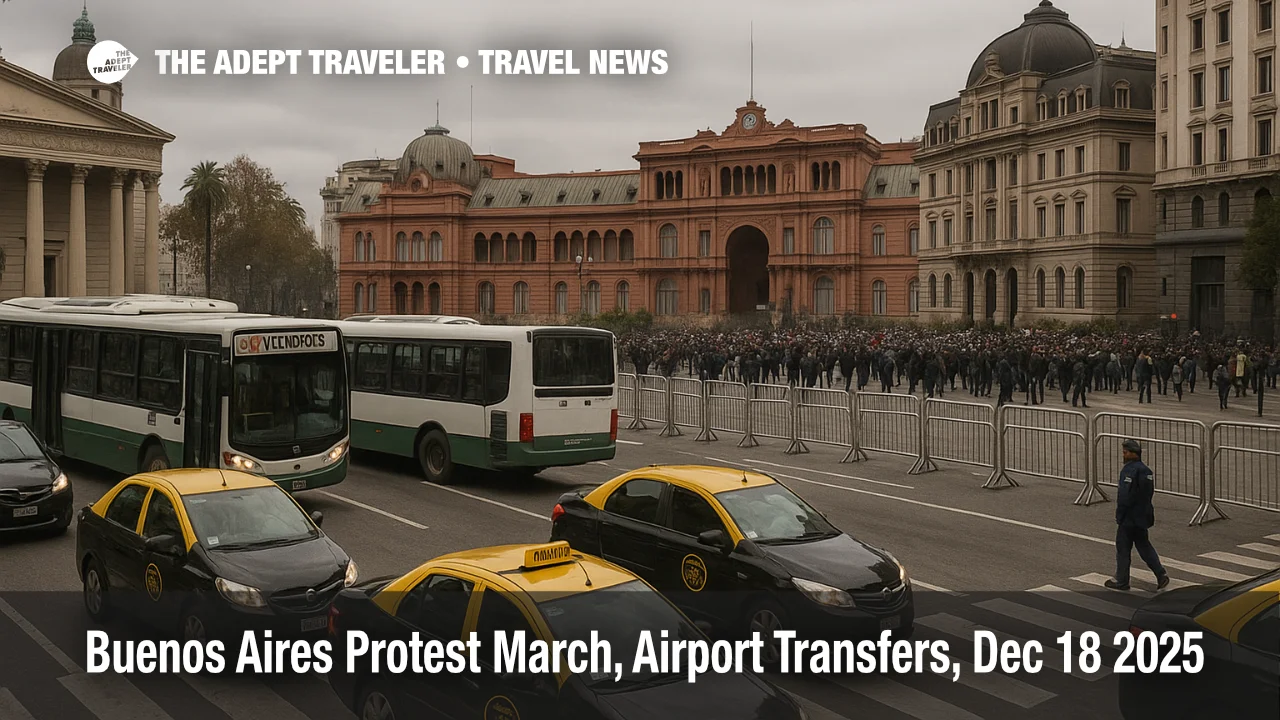 Buenos Aires protest march airport transfers slow near Plaza de Mayo as traffic and barriers build on Dec 18 2025