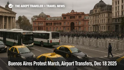 Buenos Aires protest march airport transfers slow near Plaza de Mayo as traffic and barriers build on Dec 18 2025