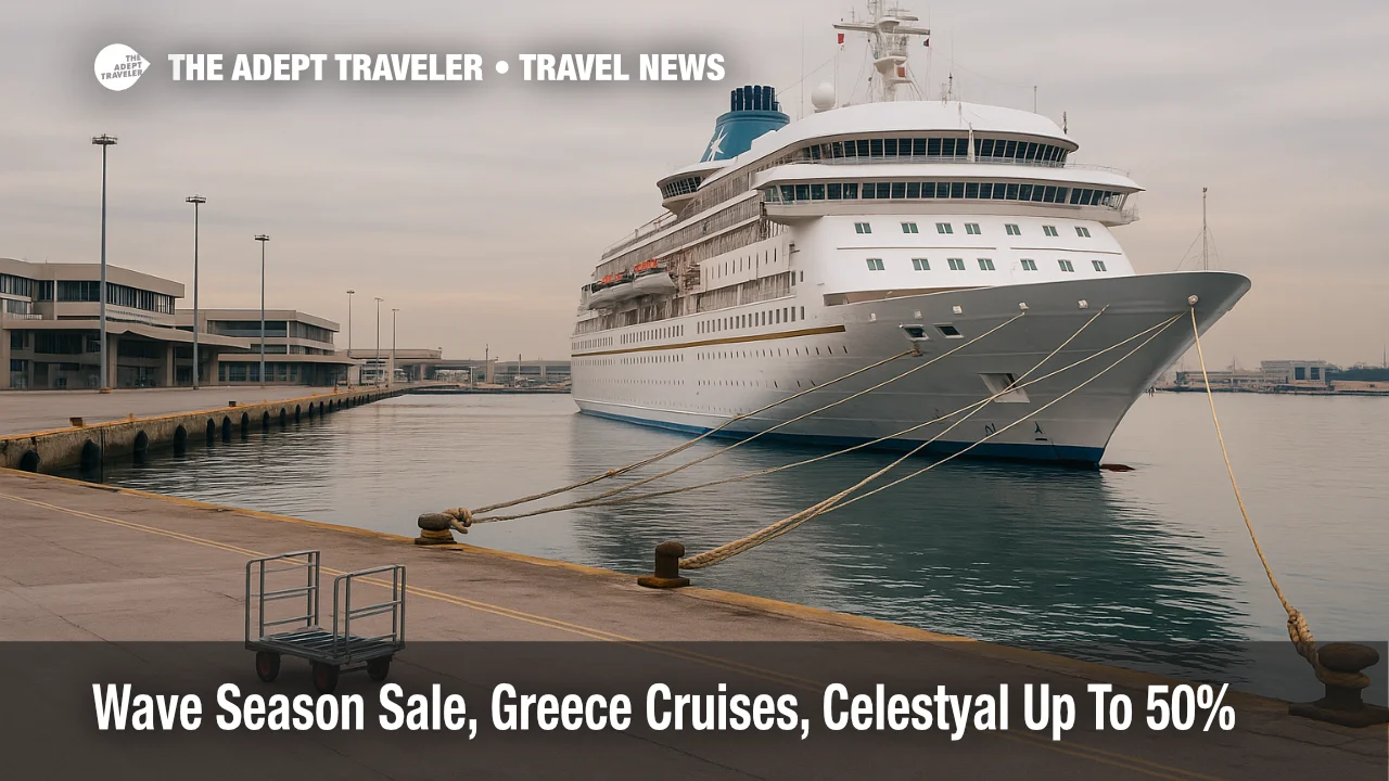 Celestyal Mediterranean cruise sale at Piraeus port as a Celestyal ship readies for Greece departures