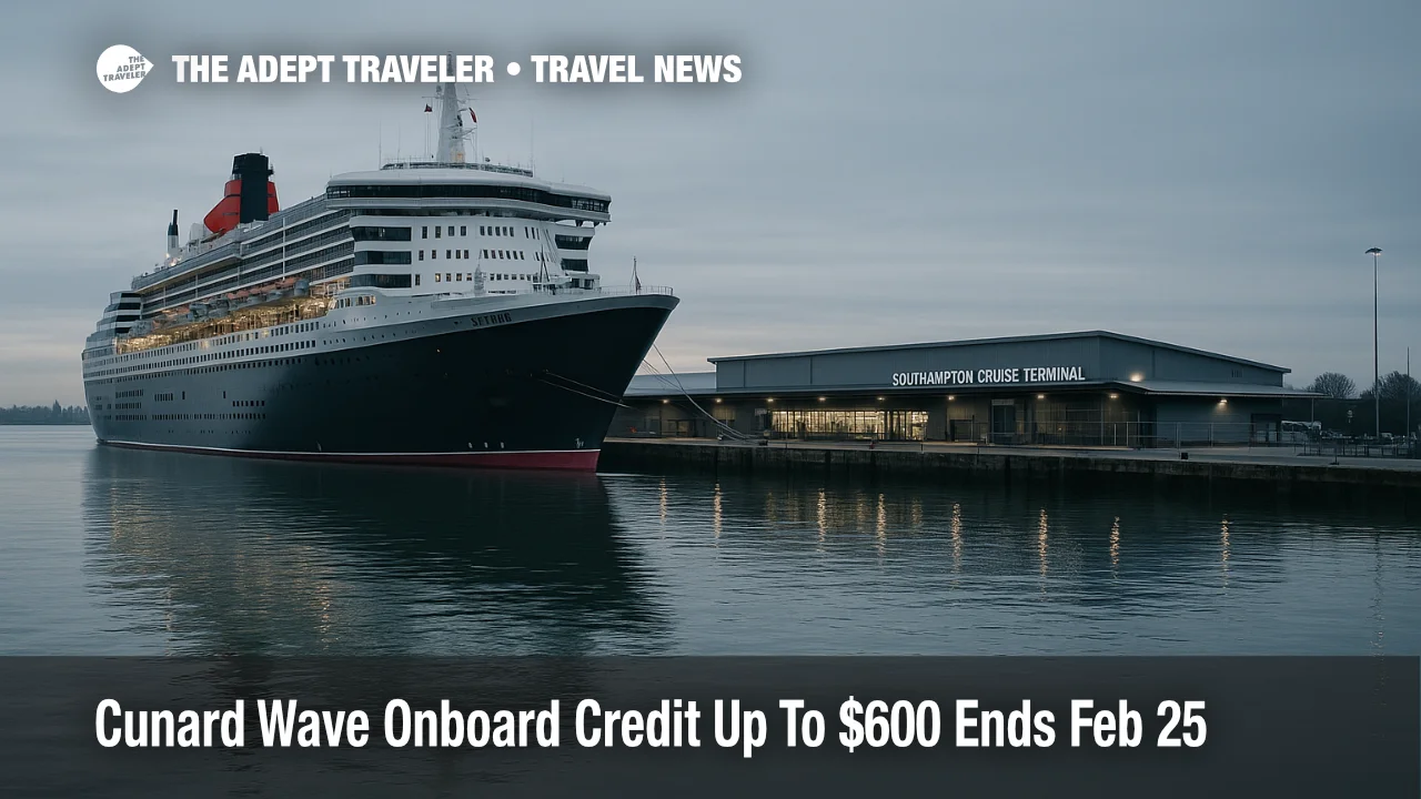 Cunard Wave onboard credit offer, a Cunard ship docked at Southampton as travelers plan 2026 and 2027 sailings