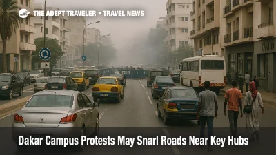 Dakar campus protests road closures slow traffic near UCAD, raising airport transfer delay risk for travelers