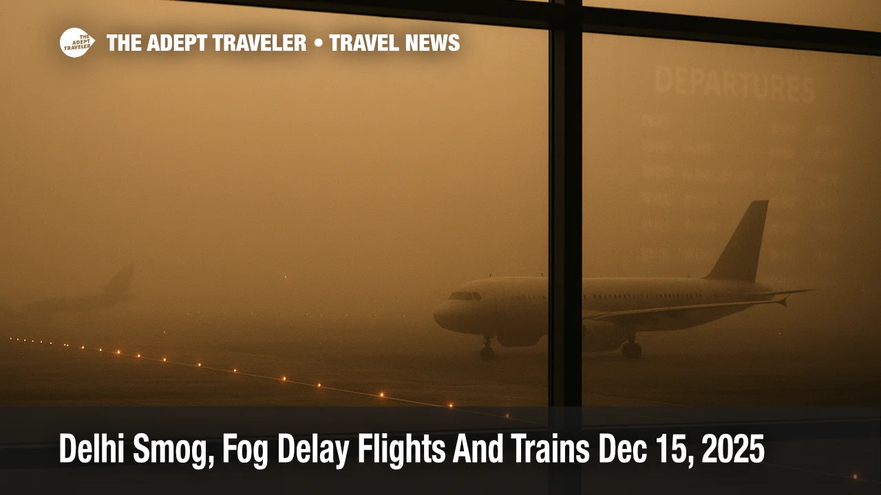 Delhi fog flight delays at Indira Gandhi International Airport show runway lights fading into smog on Dec 15, 2025