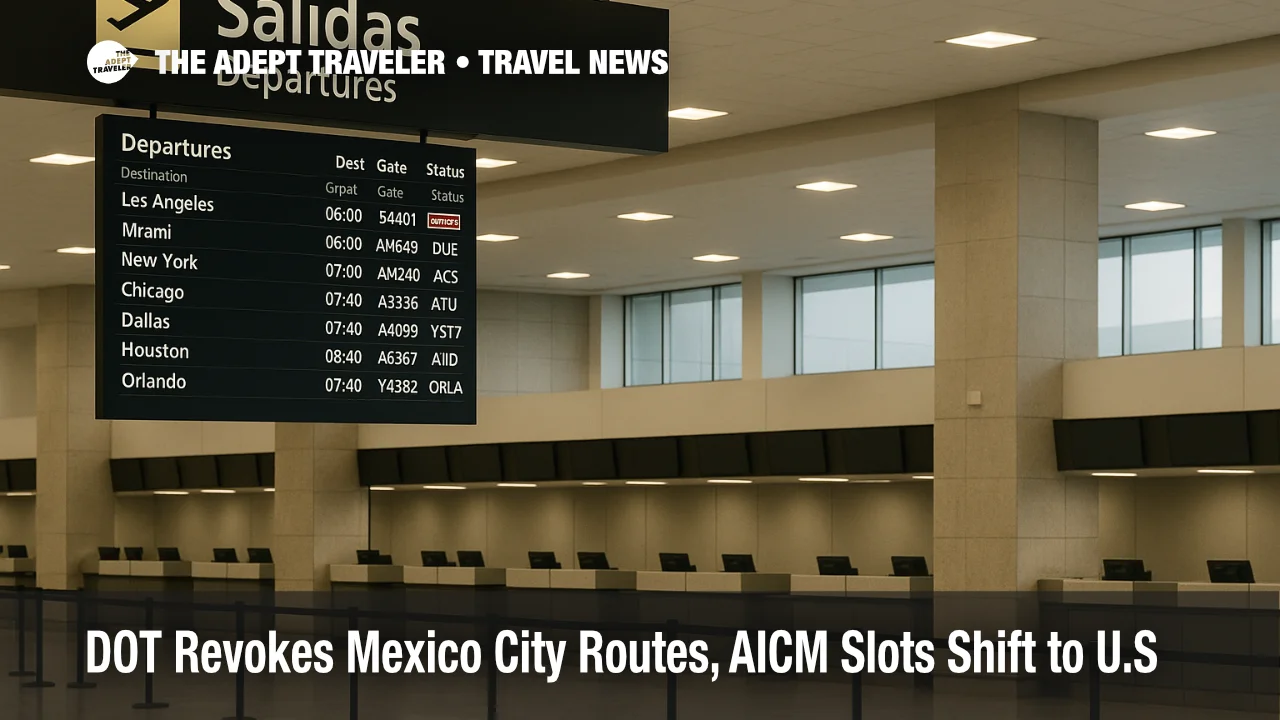 DOT Mexico City routes revoked notice at Mexico City airport, prompting travelers to confirm MEX vs NLU flights