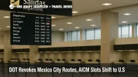 DOT Mexico City routes revoked notice at Mexico City airport, prompting travelers to confirm MEX vs NLU flights