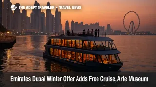 Emirates Dubai winter offer, dinner cruise boat glides through Dubai Marina at sunset as travelers plan winter trips