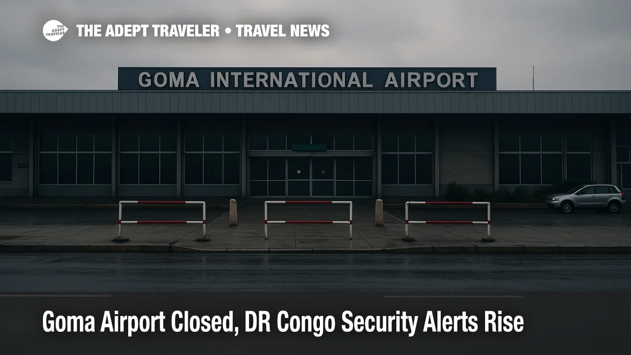 Goma airport closure shows a quiet terminal exterior in DR Congo, with gates shut and travel disrupted