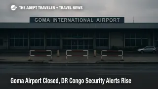 Goma airport closure shows a quiet terminal exterior in DR Congo, with gates shut and travel disrupted