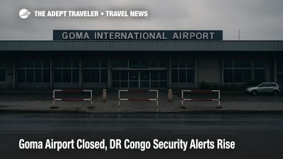 Goma airport closure shows a quiet terminal exterior in DR Congo, with gates shut and travel disrupted