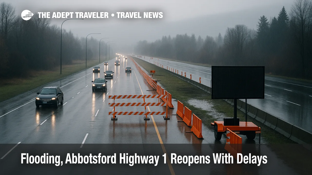 Highway 1 Abbotsford flood delays shown by narrowed wet lanes and closure barricades near the Fraser Valley corridor