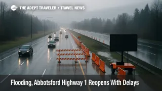 Highway 1 Abbotsford flood delays shown by narrowed wet lanes and closure barricades near the Fraser Valley corridor