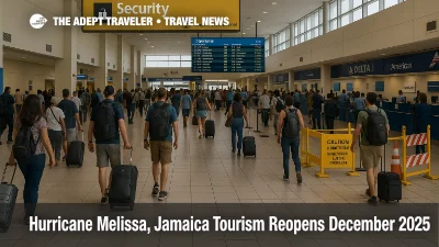 Hurricane Melissa Jamaica tourism reopening, travelers check boards at Sangster International Airport as flights normalize