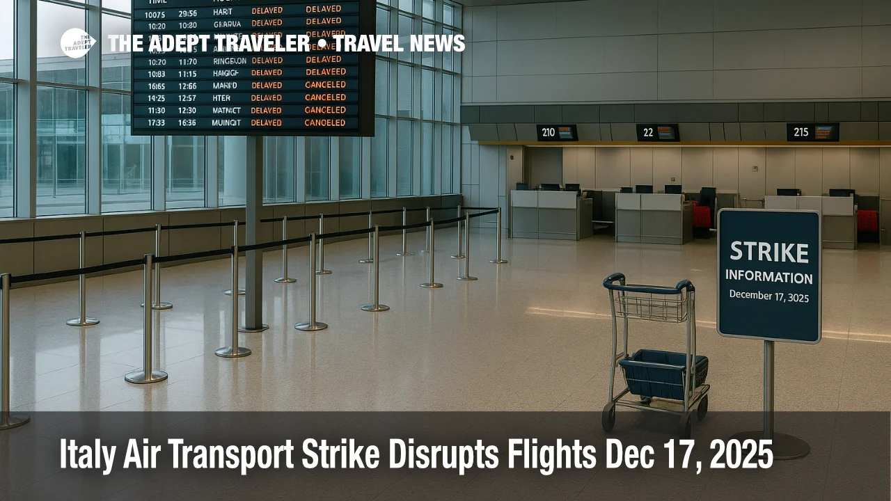 Italy air transport strike disrupts flights at Rome Fiumicino Airport (FCO) on December 17, 2025, shown on board