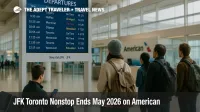 Traveler at JFK checks board as JFK Toronto nonstop ends, shrinking direct options to Toronto Pearson in May 2026