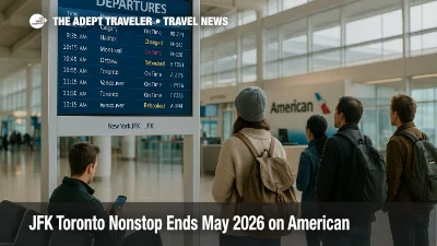 Traveler at JFK checks board as JFK Toronto nonstop ends, shrinking direct options to Toronto Pearson in May 2026