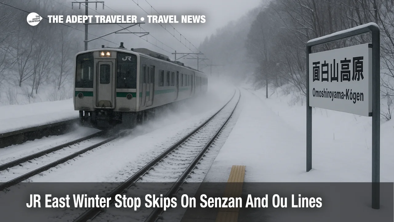 JR East winter stop skips at Omoshiroyama-Kogen show a train passing without stopping in snowy Tohoku.