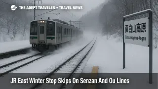 JR East winter stop skips at Omoshiroyama-Kogen show a train passing without stopping in snowy Tohoku.