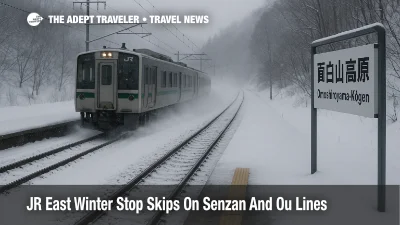 JR East winter stop skips at Omoshiroyama-Kogen show a train passing without stopping in snowy Tohoku.