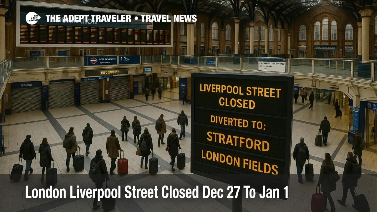 London Liverpool Street closure forces diverted routes as travelers with bags check diversion info inside the station