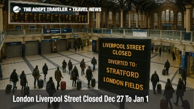 London Liverpool Street closure forces diverted routes as travelers with bags check diversion info inside the station