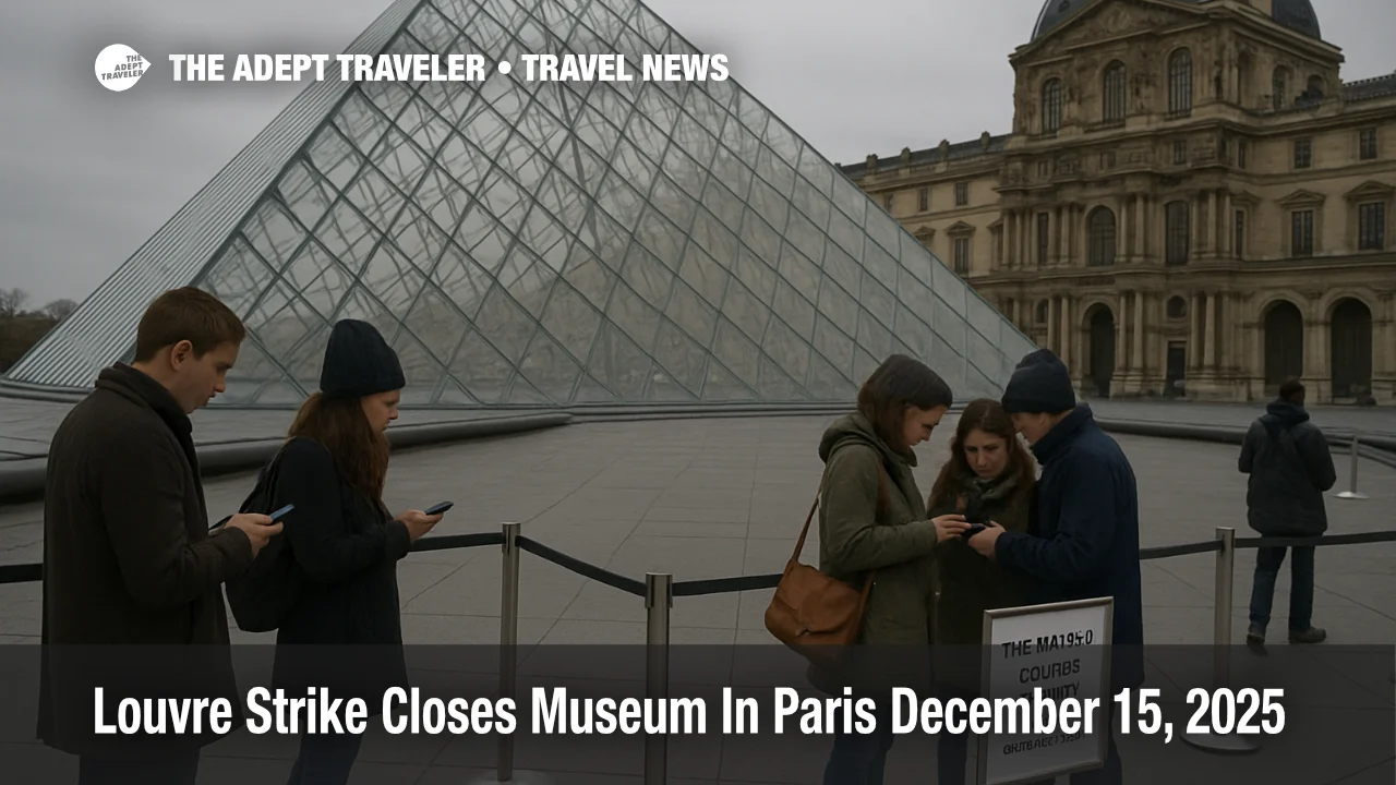 Louvre strike closure Paris, visitors pause at the Pyramid gates as the museum remains closed on December 15, 2025