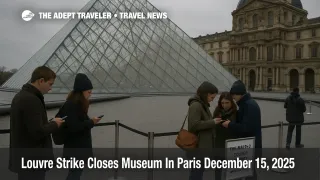 Louvre strike closure Paris, visitors pause at the Pyramid gates as the museum remains closed on December 15, 2025