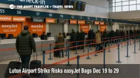 Luton airport strike lines at London Luton Airport as easyJet bag drop slows on Dec 19, 2025