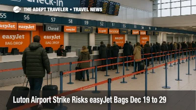 Luton airport strike lines at London Luton Airport as easyJet bag drop slows on Dec 19, 2025