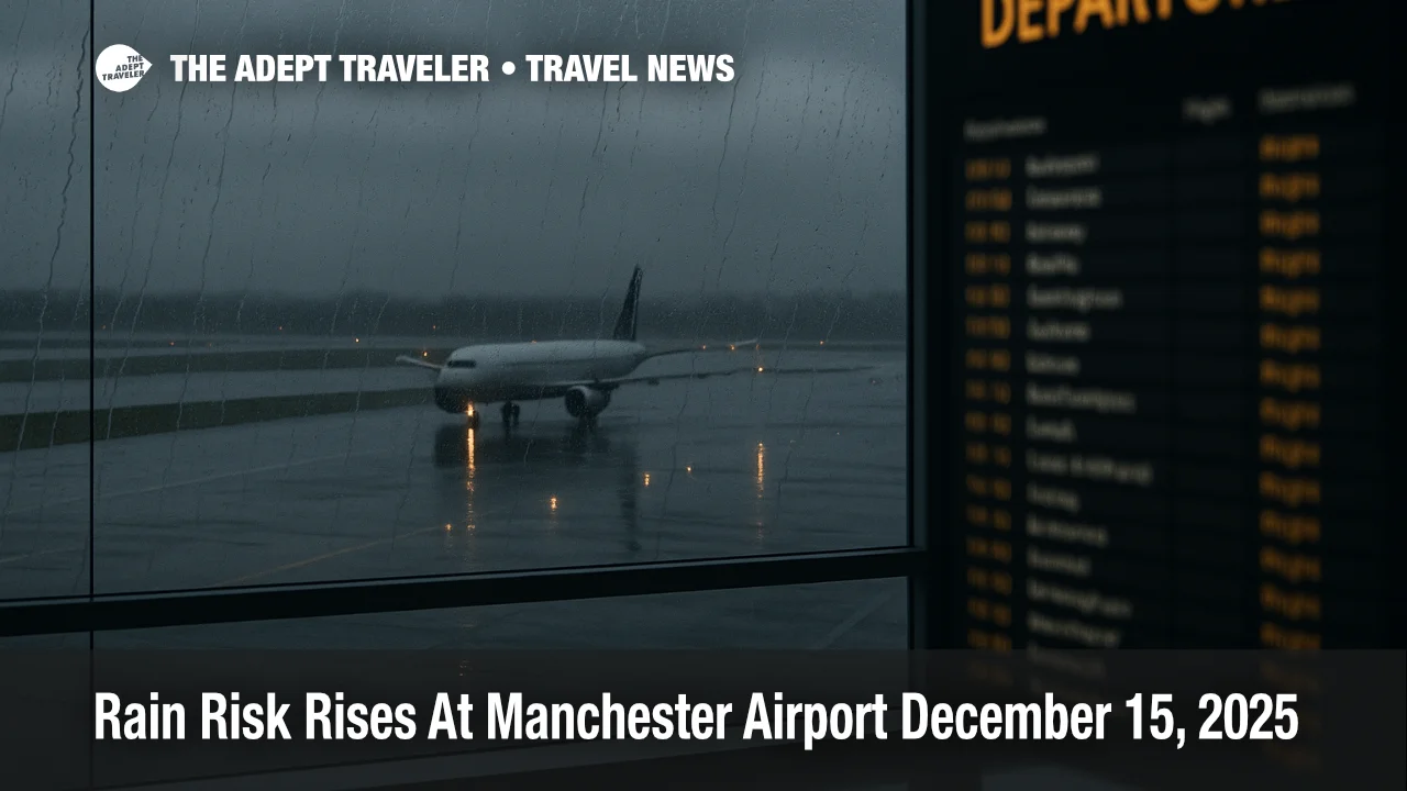 Manchester Airport rain delays on December 15, 2025, as wet runway conditions slow departures under gray skies