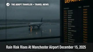 Manchester Airport rain delays on December 15, 2025, as wet runway conditions slow departures under gray skies