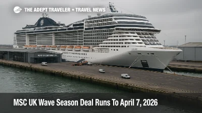 MSC Wave Season deal highlights 2026 sailings as ship docks at Southampton cruise terminal in winter