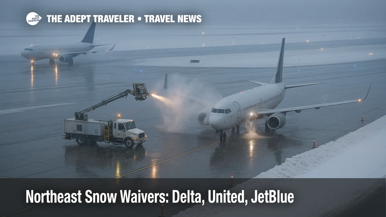 Northeast snow travel waivers help rebook flights at LaGuardia Airport as deicing and snow slow December 14 operations