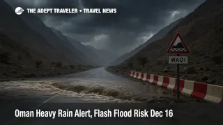 Oman heavy rain alert as water crosses a Musandam wadi road near Khasab, raising flash flood risk for drivers