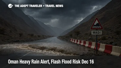 Oman heavy rain alert as water crosses a Musandam wadi road near Khasab, raising flash flood risk for drivers