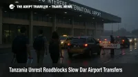 Tanzania unrest roadblocks slow traffic near DAR as travelers queue curbside for delayed airport transfers
