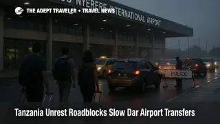 Tanzania unrest roadblocks slow traffic near DAR as travelers queue curbside for delayed airport transfers