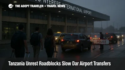 Tanzania unrest roadblocks slow traffic near DAR as travelers queue curbside for delayed airport transfers