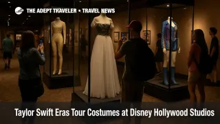 Taylor Swift Hollywood Studios exhibit crowd around Eras Tour costumes inside Walt Disney Presents gallery
