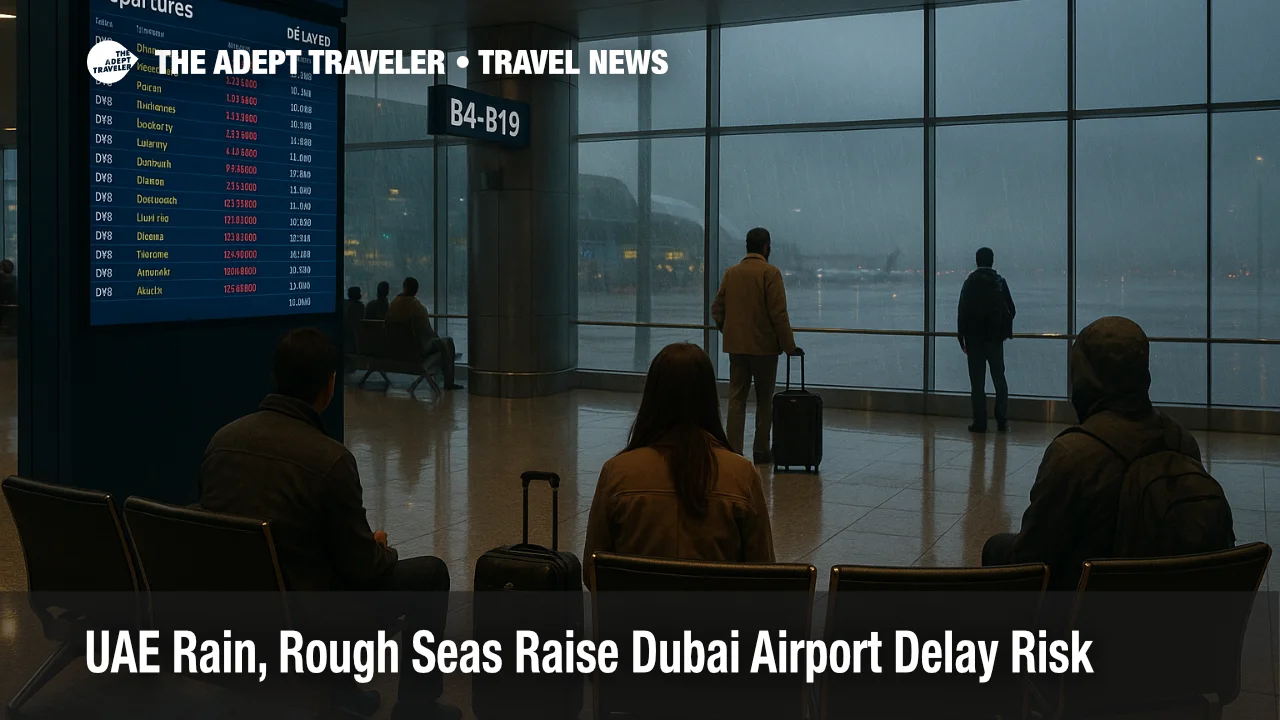 Dubai airport rain delays as travelers watch departures board at DXB during UAE showers and rough seas