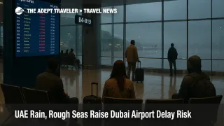 Dubai airport rain delays as travelers watch departures board at DXB during UAE showers and rough seas