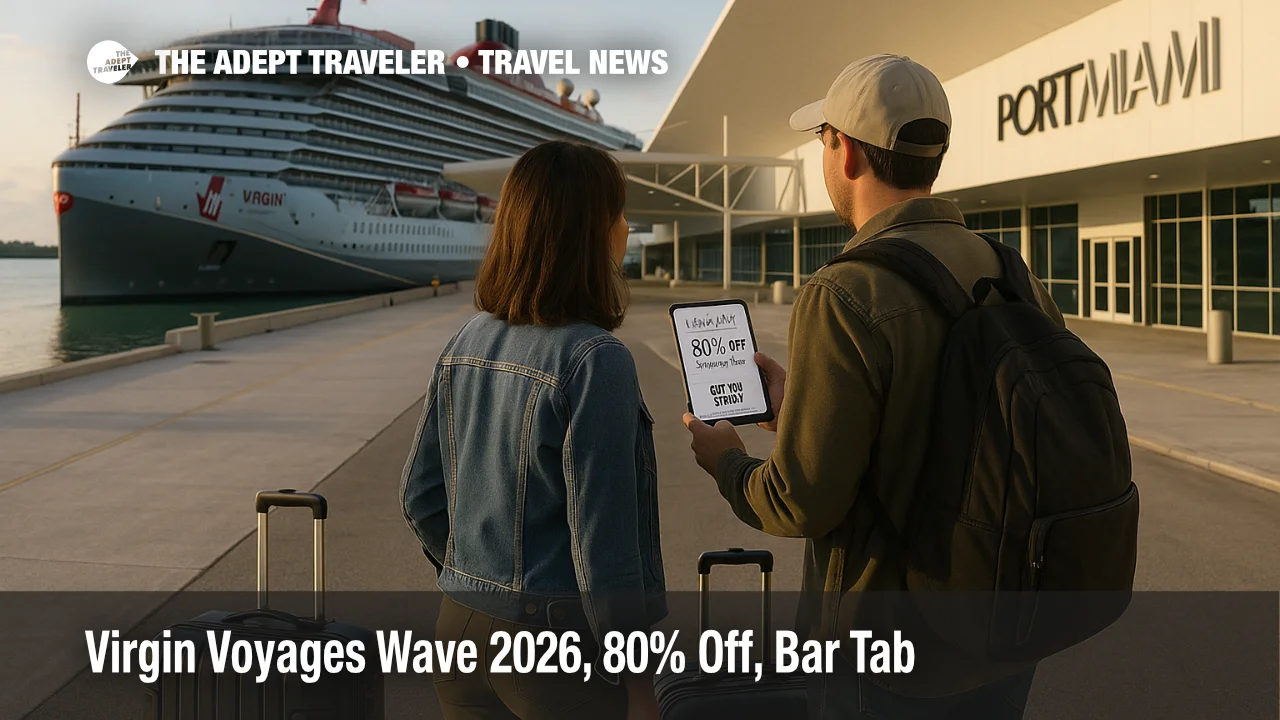 Travelers at PortMiami review a Virgin Voyages Wave 2026 deal, 80% off second sailor, plus Bar Tab credit