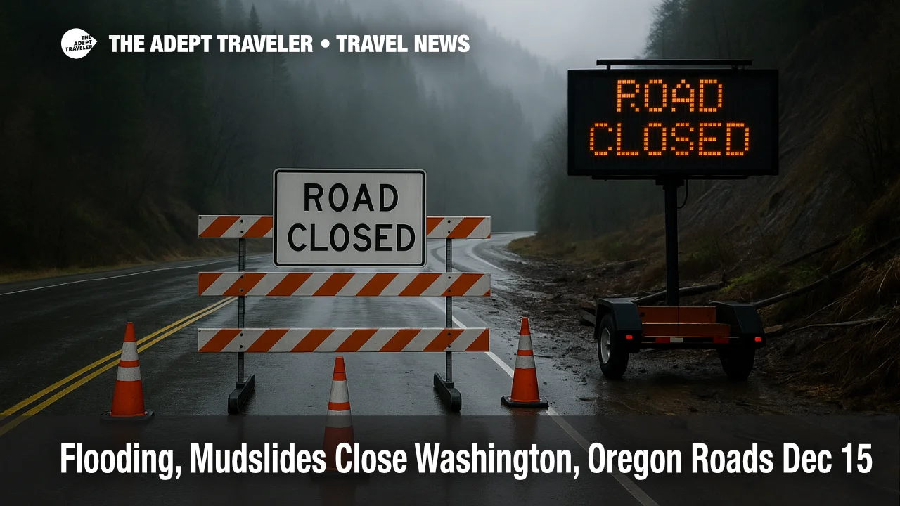 Washington Oregon flooding road closures, a barricade blocks US 2 near Skykomish after mudslide debris