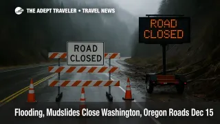 Washington Oregon flooding road closures, a barricade blocks US 2 near Skykomish after mudslide debris