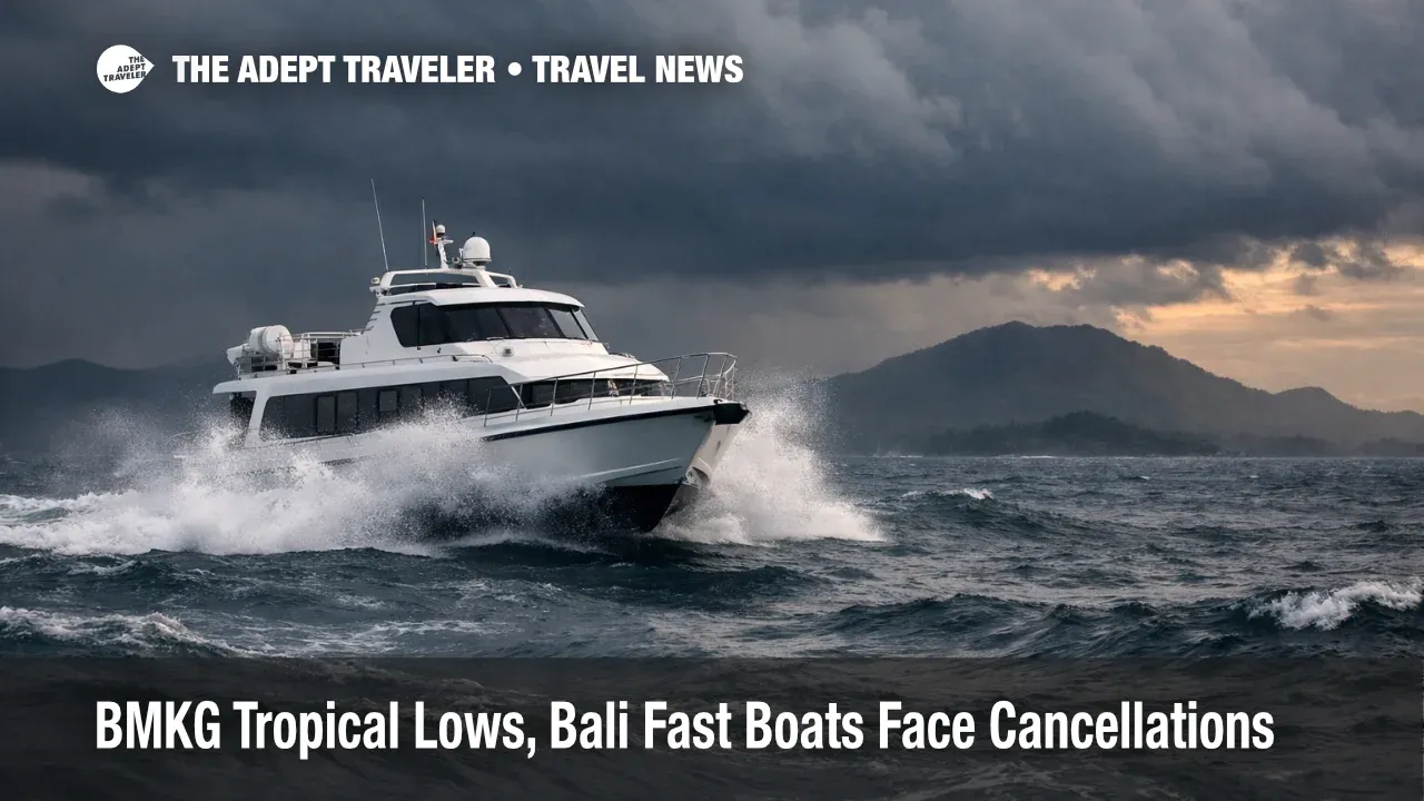 BMKG tropical lows Bali fast boats, a fast boat hits choppy seas off Bali as crossings face cancellations