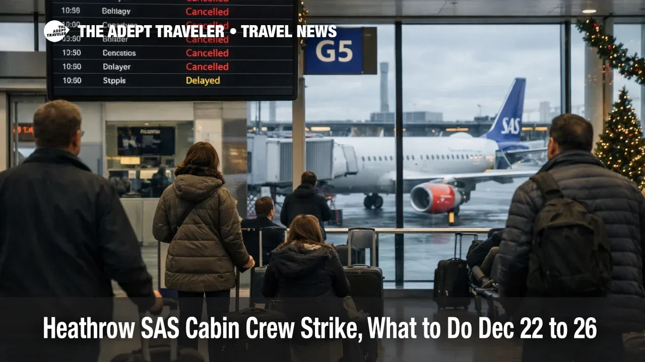Heathrow SAS cabin crew strike disrupts departures, with canceled flights on boards and holiday travelers waiting by gates