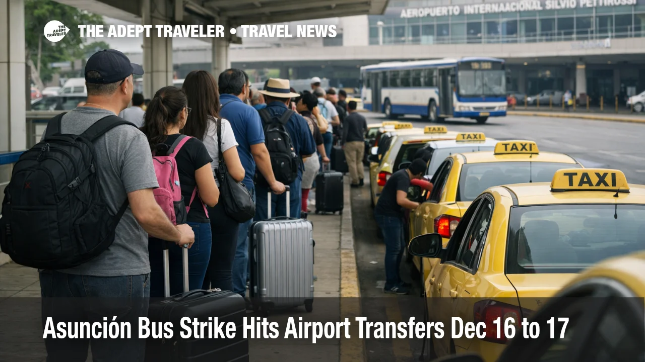 Asunción bus strike airport transfers push long taxi lines outside Silvio Pettirossi Airport as buses thin out