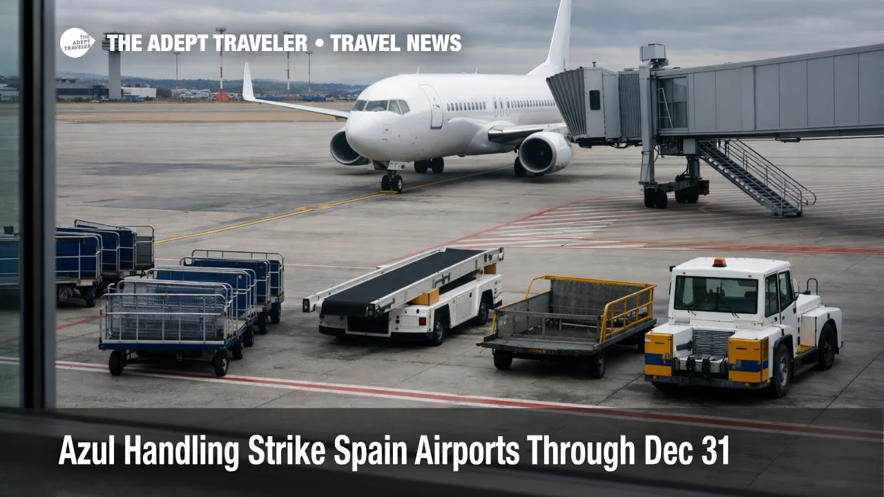 Empty baggage carts at a Spanish gate hint at Ryanair ground handling strike Spain, and expected delays