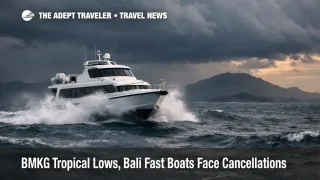 BMKG tropical lows Bali fast boats, a fast boat hits choppy seas off Bali as crossings face cancellations