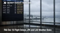 FAA Dec 16 flight delays shown on an LAX departures board under low clouds, with multiple delayed flights and gate changes