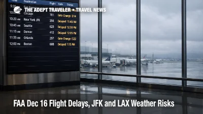 FAA Dec 16 flight delays shown on an LAX departures board under low clouds, with multiple delayed flights and gate changes